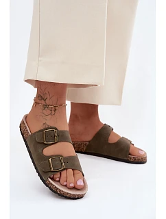 Dámské pantofle s přezkami na korkové podrážce tmavě zelené model 22140697 - Boto