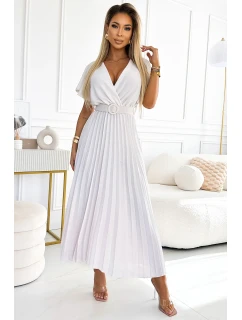 585-1 Plisované letné midi šaty so širokým opaskom - ECRU