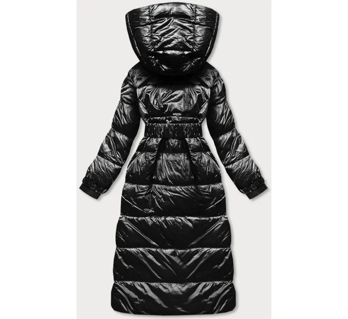 Čierna dlhá dámska bunda s opaskom (ag8-8002)