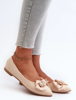 Damskie Eko Zamszowe Baleriny Z Kokardą I Broszką Jasnobeżowe Satris