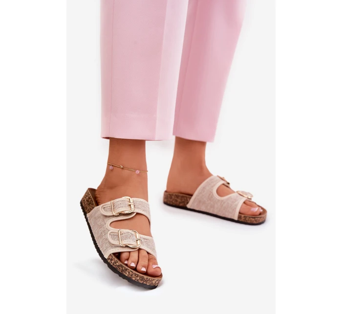 Materiałowe Klapki Damskie Na Korkowej Platformie Z Klamrami Beżowe Osoffe Materiałowe Klapki Damskie Na Korkowej Platformie Z Klamrami Beżowe Osoffe