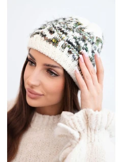 Dámska zimná vlnená čiapka s nórskym vzorom K354 ecru+tmavo zelená