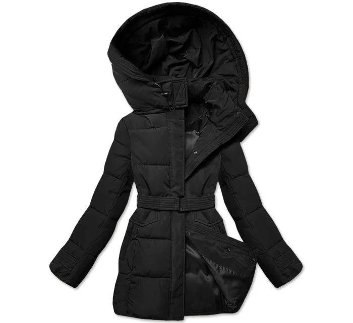 Úzka zimná bunda s opaskom čierna (23MY-207)