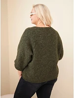 Dámský svetr Plus Size s výstřihem do V a širokým rukávem khaki
