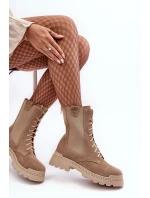 Zamszowe Damskie Botki Workery Sznurowane Beżowe Nicole 2836