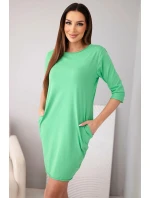 Dámske bavlnené šaty s 3/4 rukávmi a vreckami svetlozelené