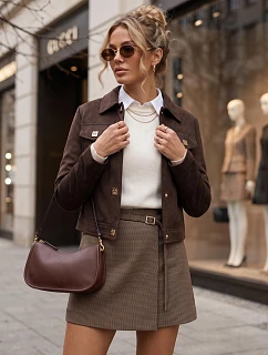 Dámska semišová bunda na patentky, tmavohnedá, FashionStreet TY5881