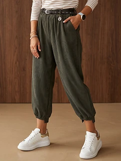 Dámske bavlnené manšestrové nohavice s opaskom, khaki, FashionStreet UY3172