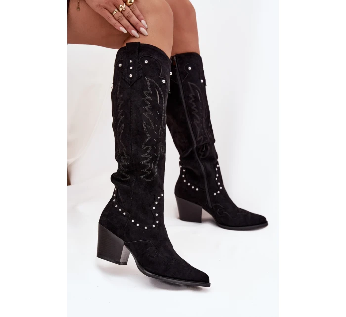 Damskie Kozaki Kowbojki Ze Zdobieniem Na Słupku Czarne Darella Damskie Kozaki Kowbojki Ze Zdobieniem Na Słupku Czarne Darella