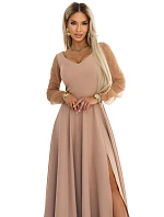 640-4 LORETTA jedinečné dlhé šaty s tylovými rukávmi a výstrihom - béžové 640-4 LORETTA jedinečné dlhé šaty s tylovými rukávmi a výstrihom - béžové