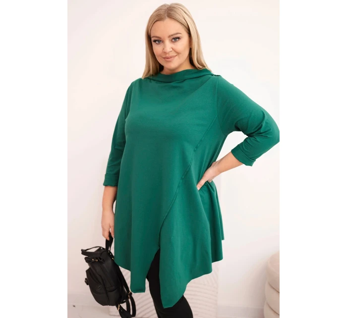 Dámske Plus veľkosť bavlnená blúzka asymetrické s roll-up rukávy tmavo zelená