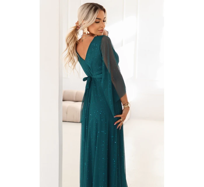 Dlouhé lehké třpytivé šaty s výstřihem a rukávy zelené model 21802212 - numoco basic Dlouhé lehké třpytivé šaty s výstřihem a rukávy zelené model 21802212 - numoco basic