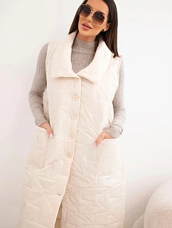 Dámska prešívaná dlhá vesta s vreckami a stojačikom svetlo béžová