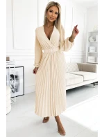Plisované midi šaty se výstřihem, dlouhými rukávy a širokým páskem  béžová barva model 22212769 - numoco basic