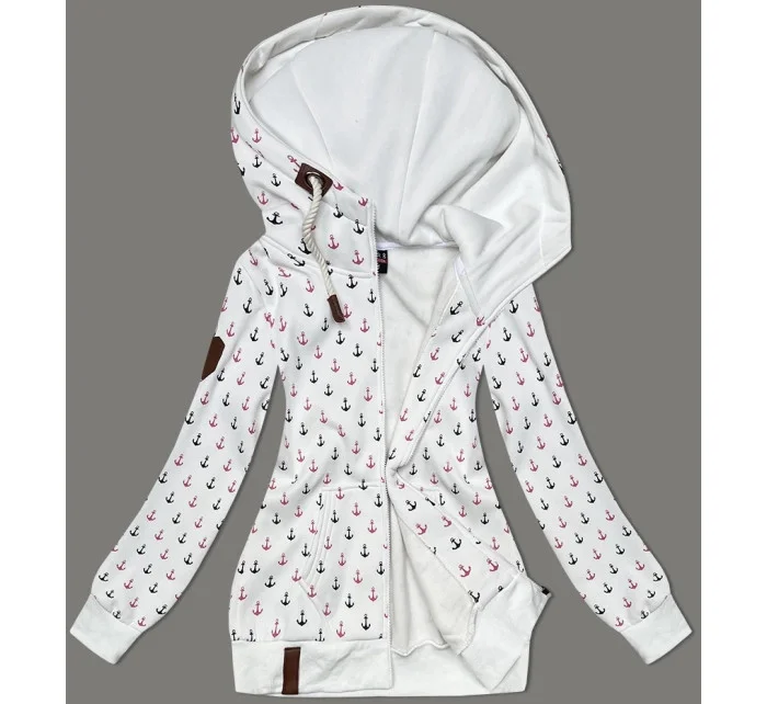 Biela teplá mikina bez zipsu so vzorom kotvy (2307)