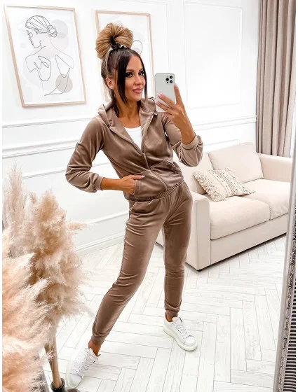 Dámska tepláková súprava s kapucňou na zips Cappuccino (829)