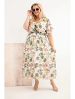 Dámske plus size šaty s kvetinovým vzorom a khaki kravatou