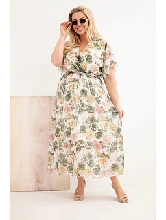 Dámske plus size šaty s kvetinovým vzorom a khaki kravatou