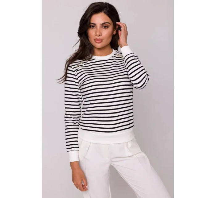 Dámský svetr s ozdobnými knoflíky model 20584320 model 1 Ecru s černou - BeWear Dámský svetr s ozdobnými knoflíky model 20584320 model 1 Ecru s černou - BeWear