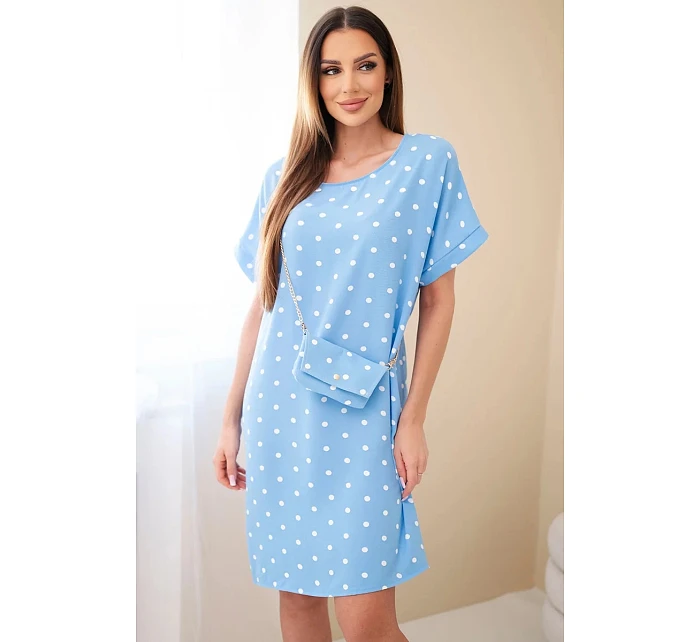 Dámske bodkované šaty s krátkymi rukávmi a kabelkou modré