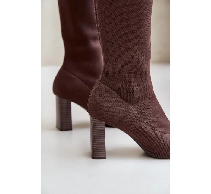 Kozaki Ze Skarpetkową Cholewką Za Kolano Na Słupku Brązowe Esanira Kozaki Ze Skarpetkową Cholewką Za Kolano Na Słupku Brązowe Esanira