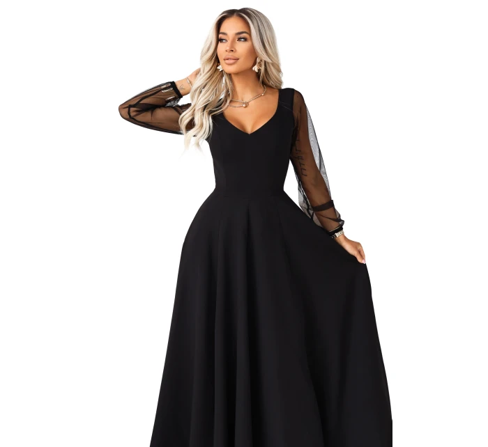 LORETTA dlouhé šaty s rukávy a výstřihem černé model 21791763 - numoco