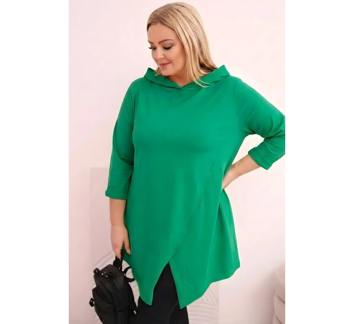 Dámská bavlněná blůza Plus Size asymetrická s ohrnutým rukávem zelená Dámská bavlněná blůza Plus Size asymetrická s ohrnutým rukávem zelená