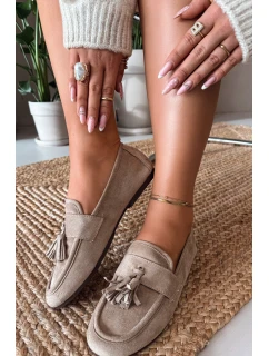 Dámské mokasíny s podrážkou a třásněmi Béžové model 21919048 - Boto