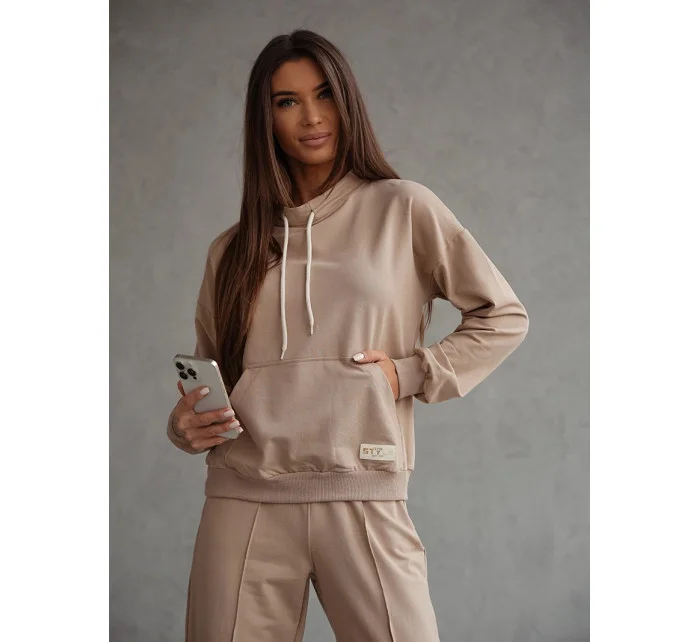Béžová dámska tepláková súprava - mikina so stojačikom a nohavice (82162)