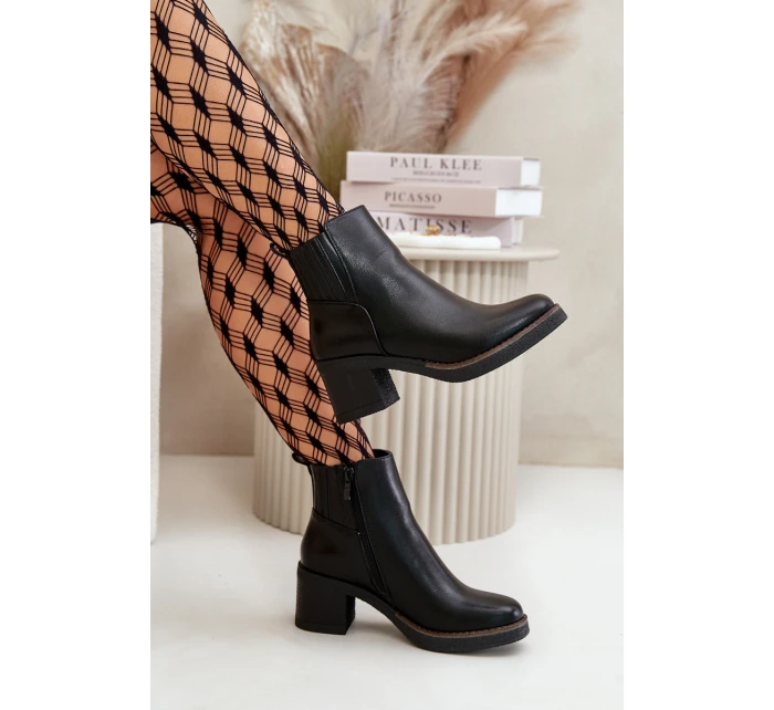 Ocieplane Botki Damskie Na Słupku Eko Skórzane Czarne Irittes Ocieplane Botki Damskie Na Słupku Eko Skórzane Czarne Irittes