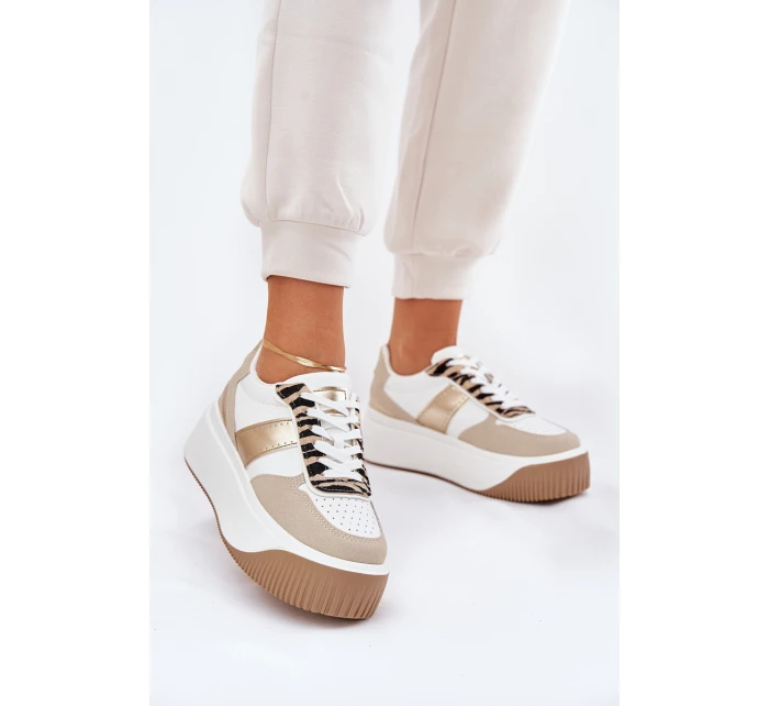 Sneakersy Damskie Na Masywnej Platformie Zwierzęcy Wzór Beżowo-Złote Telanila