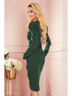 EDITTA - Elegantné dámske šaty vo fľaškovo zelenej farbe s výstrihom a naberanými rukávmi 409-2