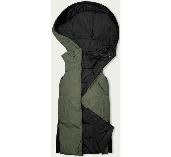 Čierna a khaki dlhá dámska obojstranná vesta (B8248-1)