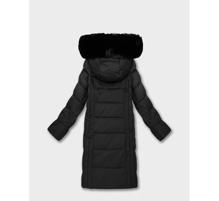 Čierna dámska dlhá bunda s kapucňou (7662#-F06)