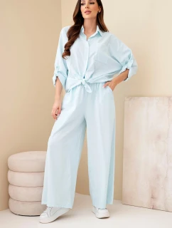 Dámský bavlněný komplet s vázanou košilí a širokými nohavicemi světle mátový