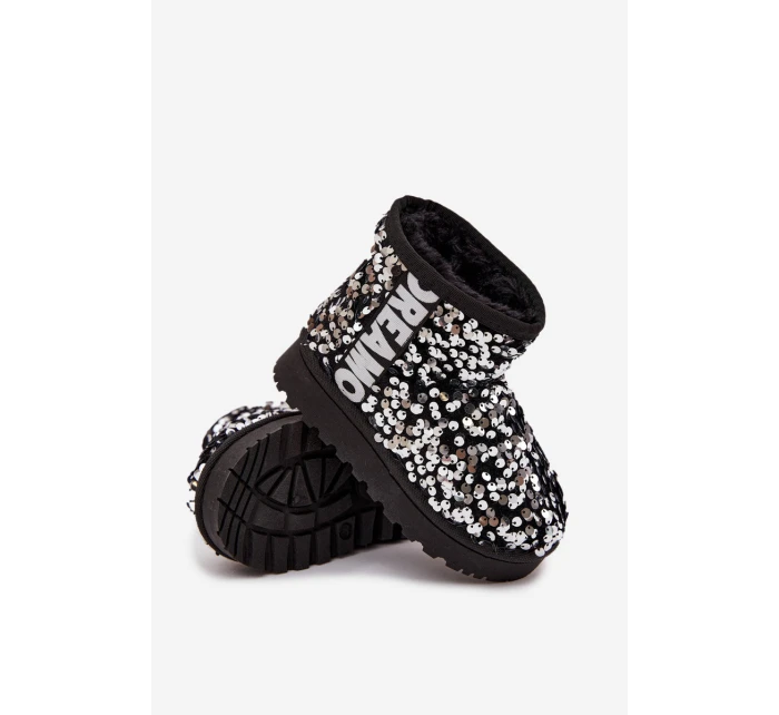 Dziecięce Śniegowce Botki Ocieplane Z Cekinami Czarno-Srebrne Rebbica