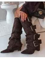 Dámské kozačky na podpatku s ohnutým horním lemem a zlatými sponami Eco semiš čokoládové Isavelle