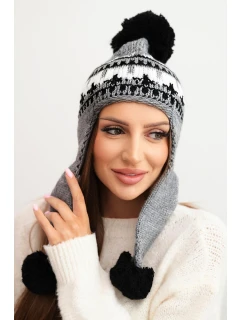 Dámska zimná vlnená čiapka s ušami a bambuľkami K436 tmavosivá