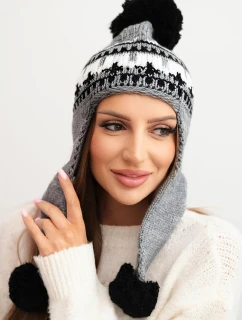 Dámska zimná vlnená čiapka s ušami a bambuľkami K436 tmavosivá
