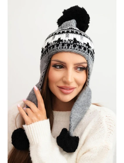 Dámska zimná vlnená čiapka s ušami a bambuľkami K436 tmavosivá