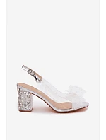 Sandály na podpatku s krystaly síťovaná mašle D&A MR61-9010 Stříbrné
