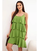 Dámske mini šaty bez ramienok s volánikmi olivové