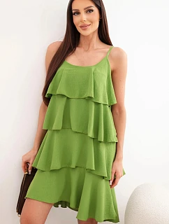 Dámske mini šaty bez ramienok s volánikmi olivové