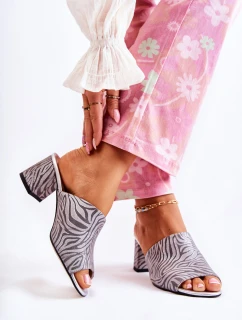 Skórzane Damskie Klapki Na Obcasie Zebra Szare Nessita