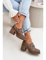 Zazoo 20175 Półbuty Damskie Na Słupku Skóra Naturalna Ciemnobeżowe