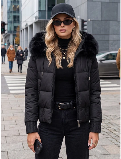 Dámska zimná prešívaná bunda s kožušinou, čierna, FashionStreet TY5828 Dámska zimná prešívaná bunda s kožušinou, čierna, FashionStreet TY5828