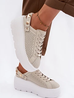 Kožené síťované dámské tenisky na platformě s páskem na podpatku D&A LR61-7088 béžové