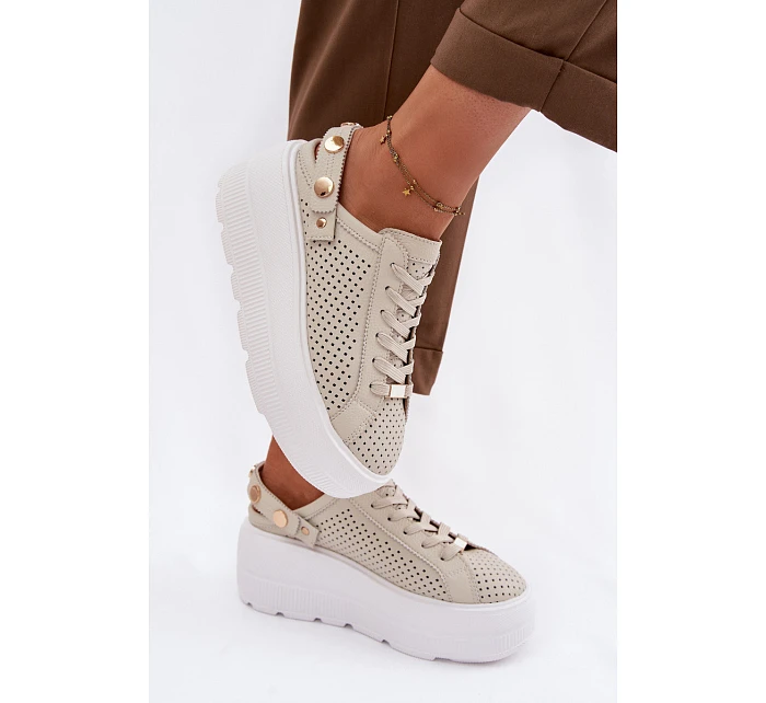Kožené síťované dámské tenisky na platformě s páskem na podpatku model 22100279 béžové - D&A