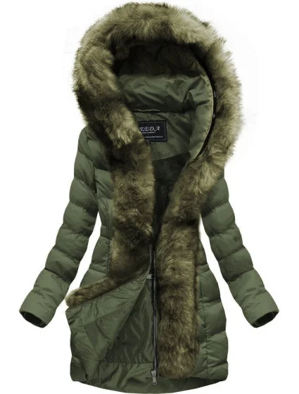 Dámska prešívaná zimná bunda v khaki farbe s kapucňou (w749-1)