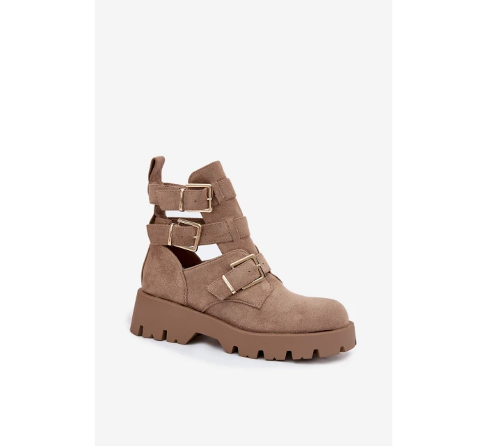 Botki Damskie Z Paskami I Złotymi Klamrami Beżowe Helisse Botki Damskie Z Paskami I Złotymi Klamrami Beżowe Helisse